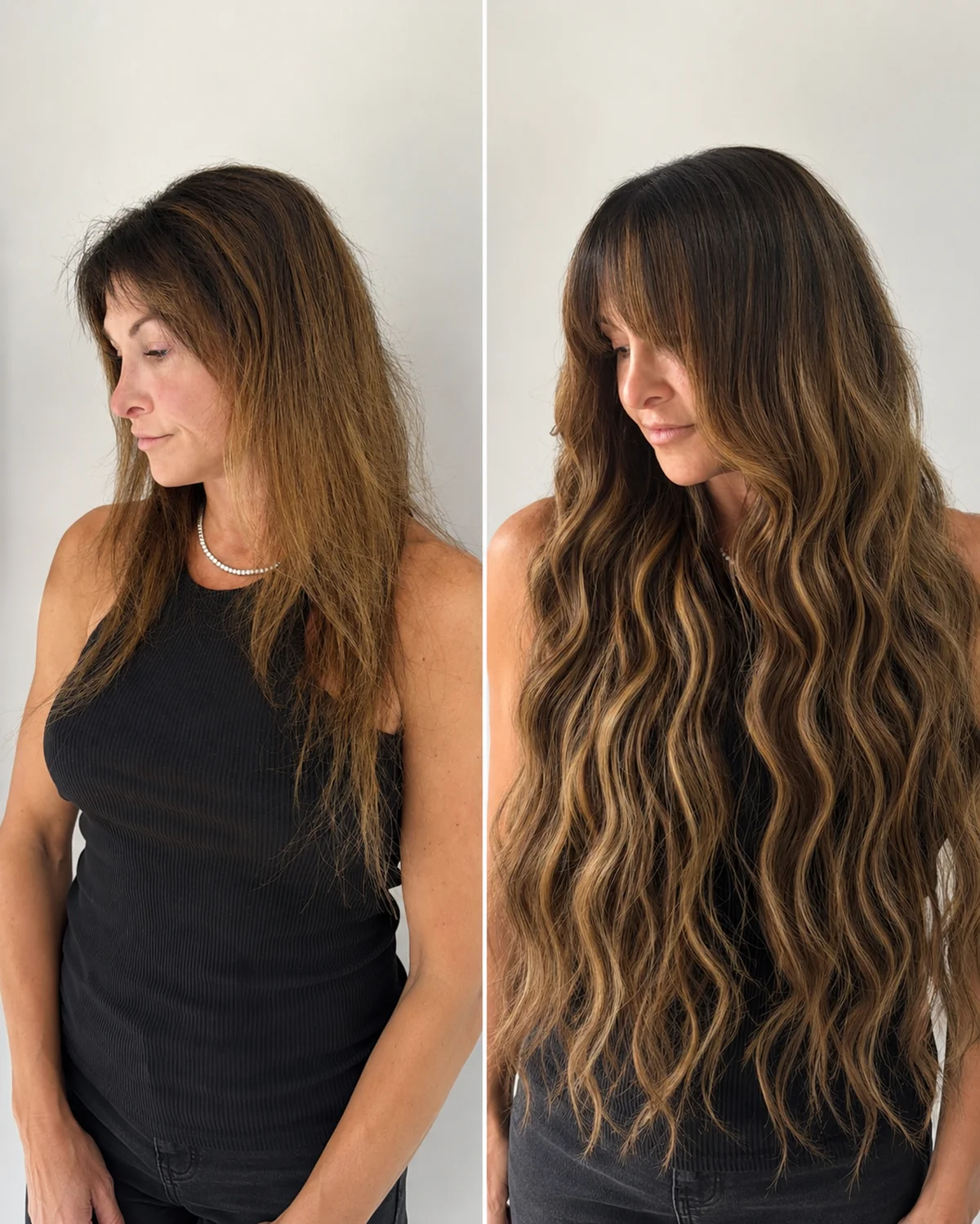 Beaded-row weft extension transformation at Monaco Salon South Tampa: the same client photographed before, with fine shoulder-length hair, and after, with long waved hand-tied weft extensions blended through.