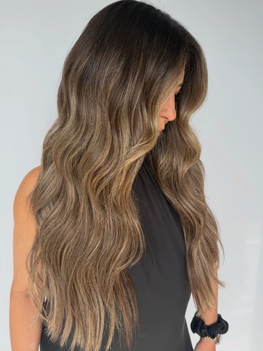Dimensional brunette balayage with platinum ends &mdash; Monaco Salon South Tampa