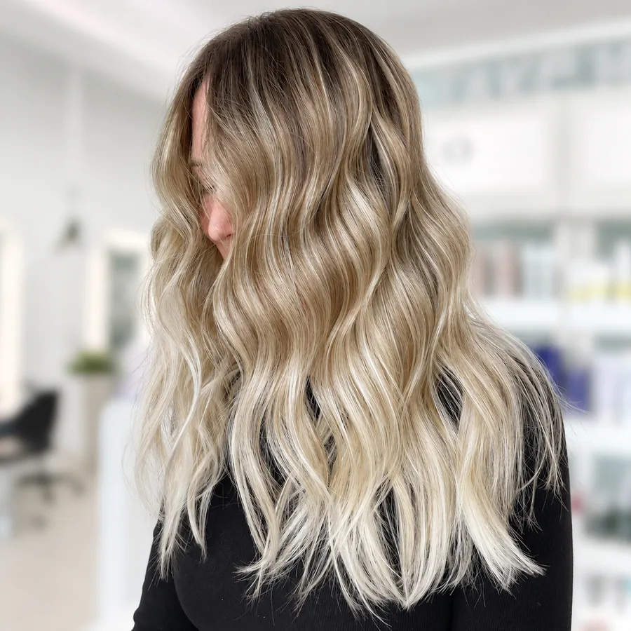 Platinum ash blonde balayage result at Monaco Salon South Tampa