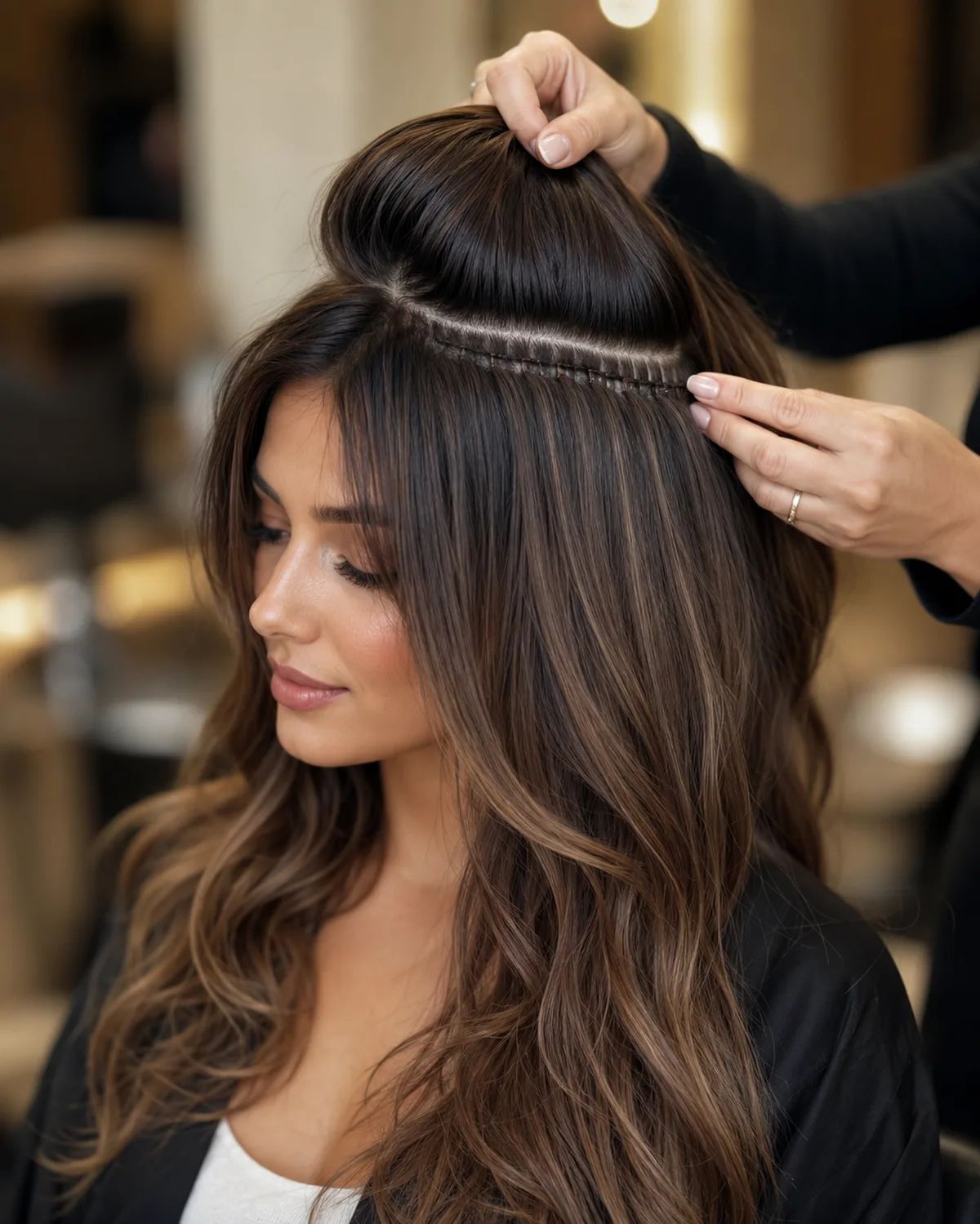 Beaded row weft extension installation at Monaco Salon Tampa — stylist placing micro-bead row on brunette balayage hair with long wavy results