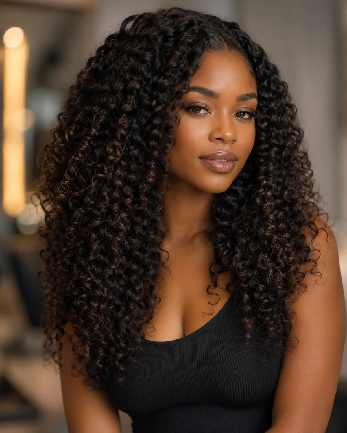 Textured curly hair extensions at Monaco Salon Tampa — naturally curly wefts blending seamlessly with natural curls