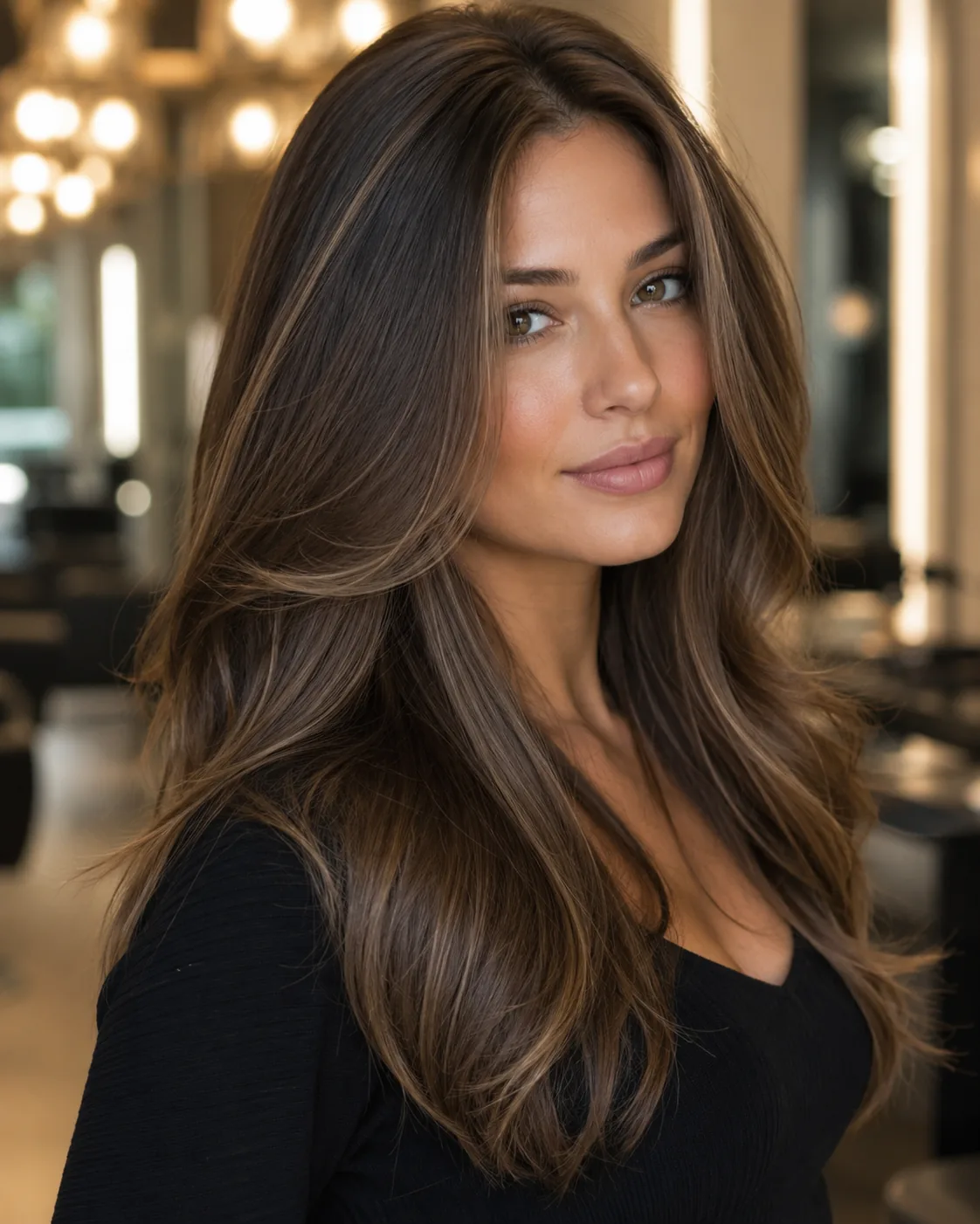 Woman with long silky European Remy hair extensions in a luxury salon setting