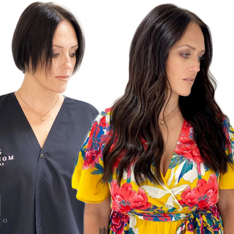 Hair extensions for short hair at Monaco Salon Tampa — before and after transformation