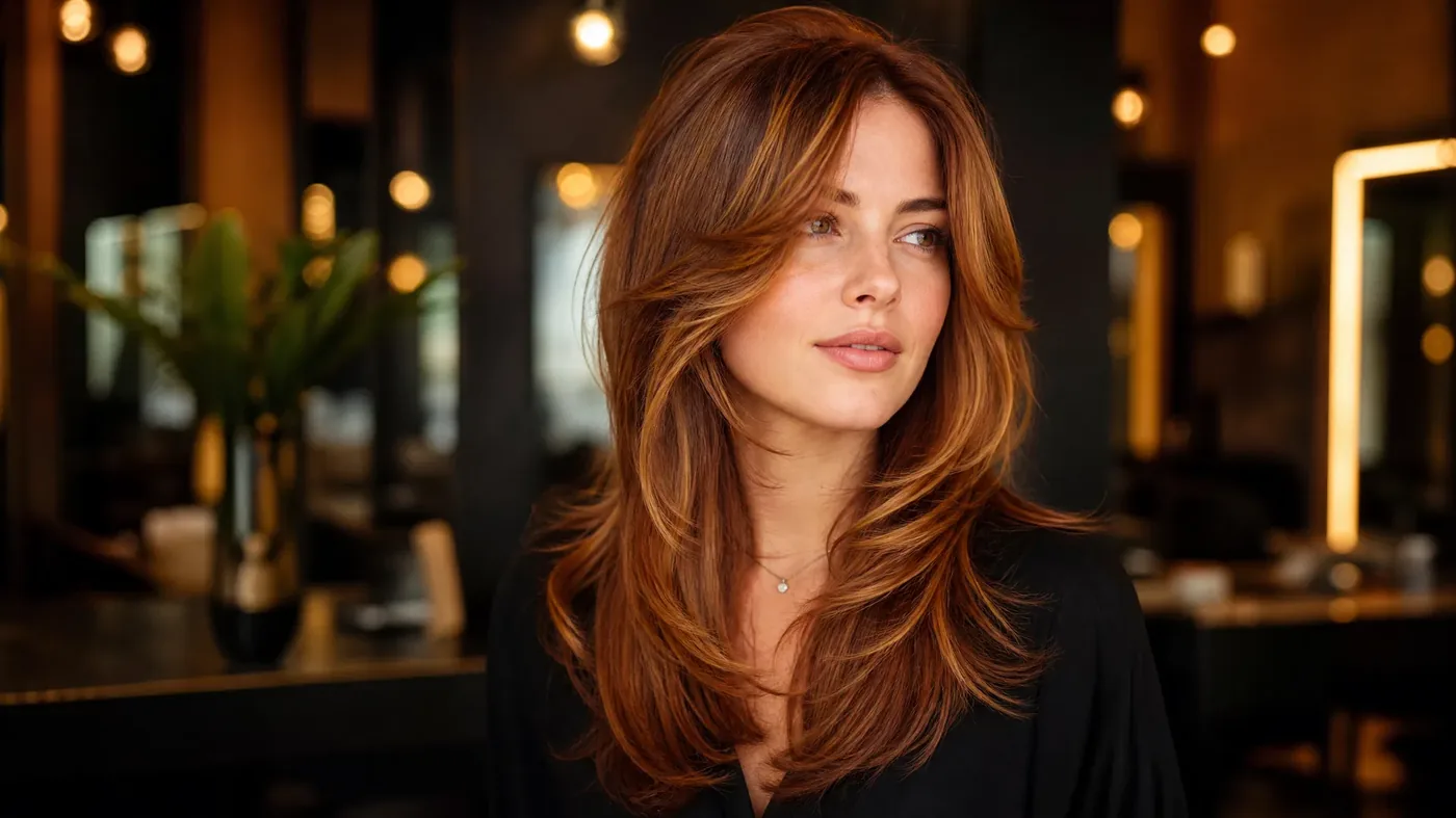 Fall hair trends at Monaco Salon Tampa — warm auburn layered haircut with caramel highlights