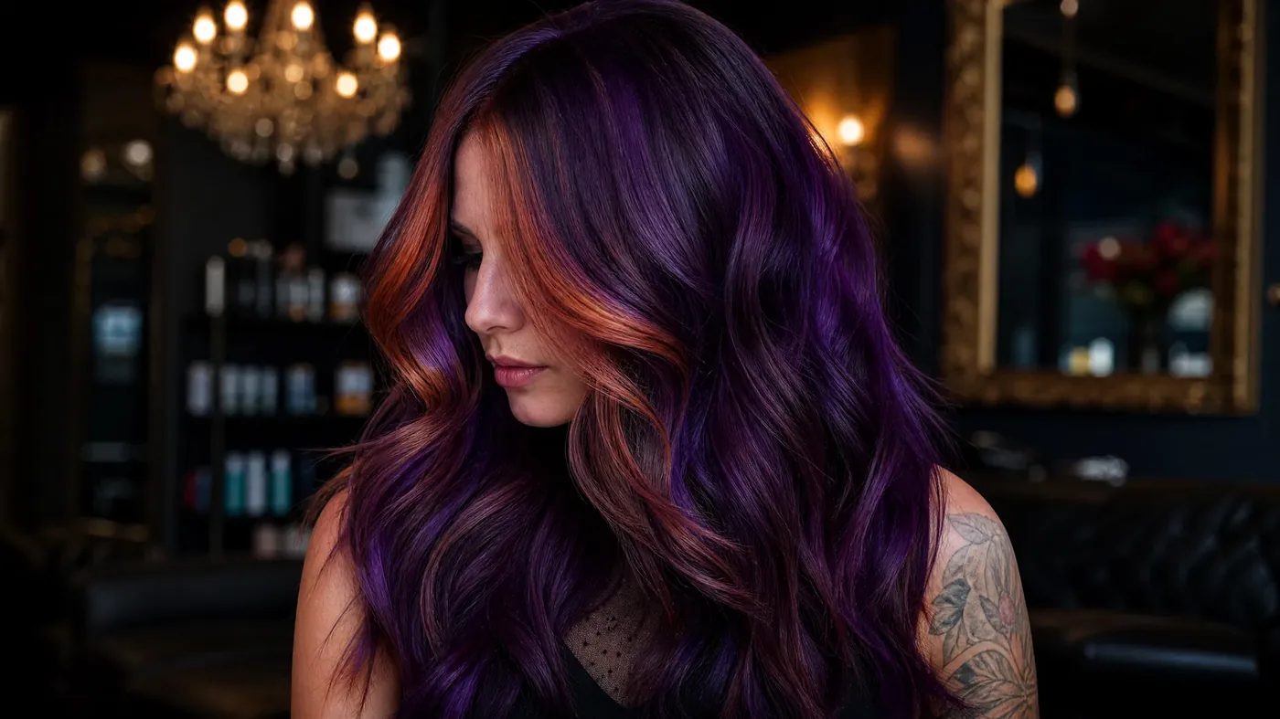 Fantasy color and hand-tied hair extensions transformation at Monaco Salon Tampa — vivid purple and copper tones