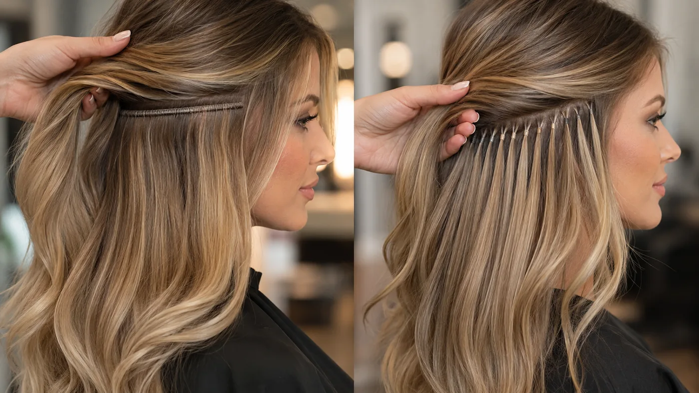 Side-by-side comparison of genius weft and K-tip keratin bond hair extensions installed at Monaco Salon Tampa