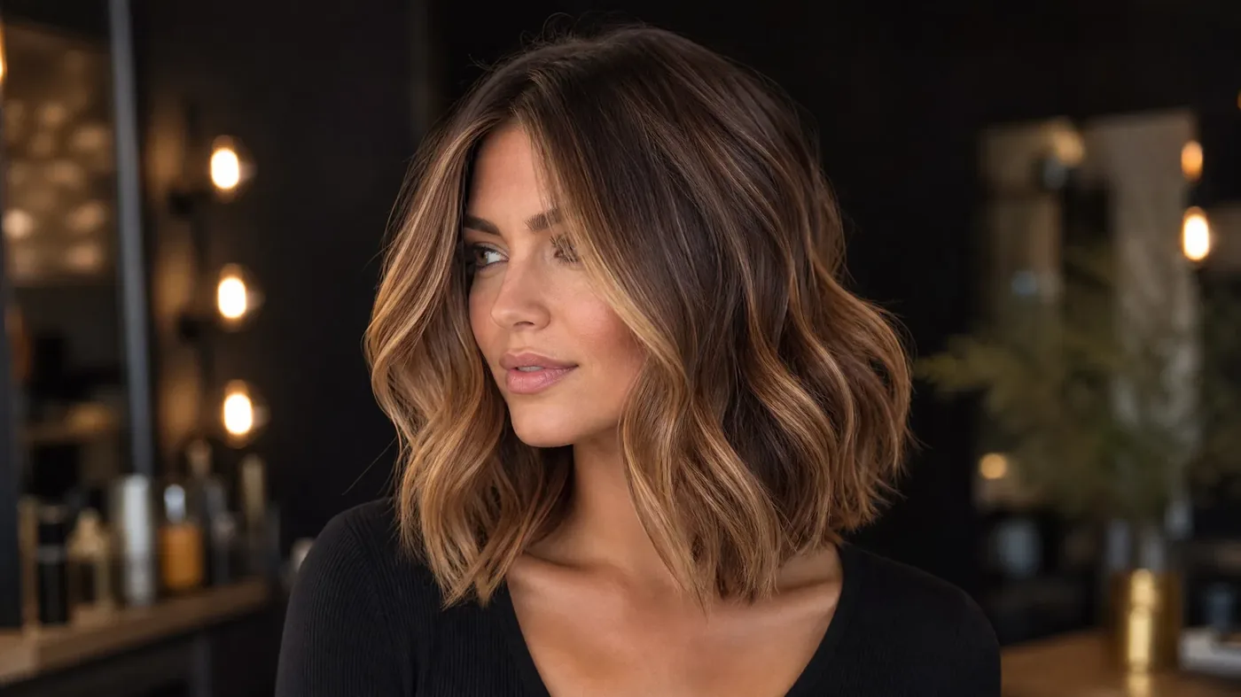 Haircut and color transformation at Monaco Salon Tampa — fresh bob with caramel balayage highlights