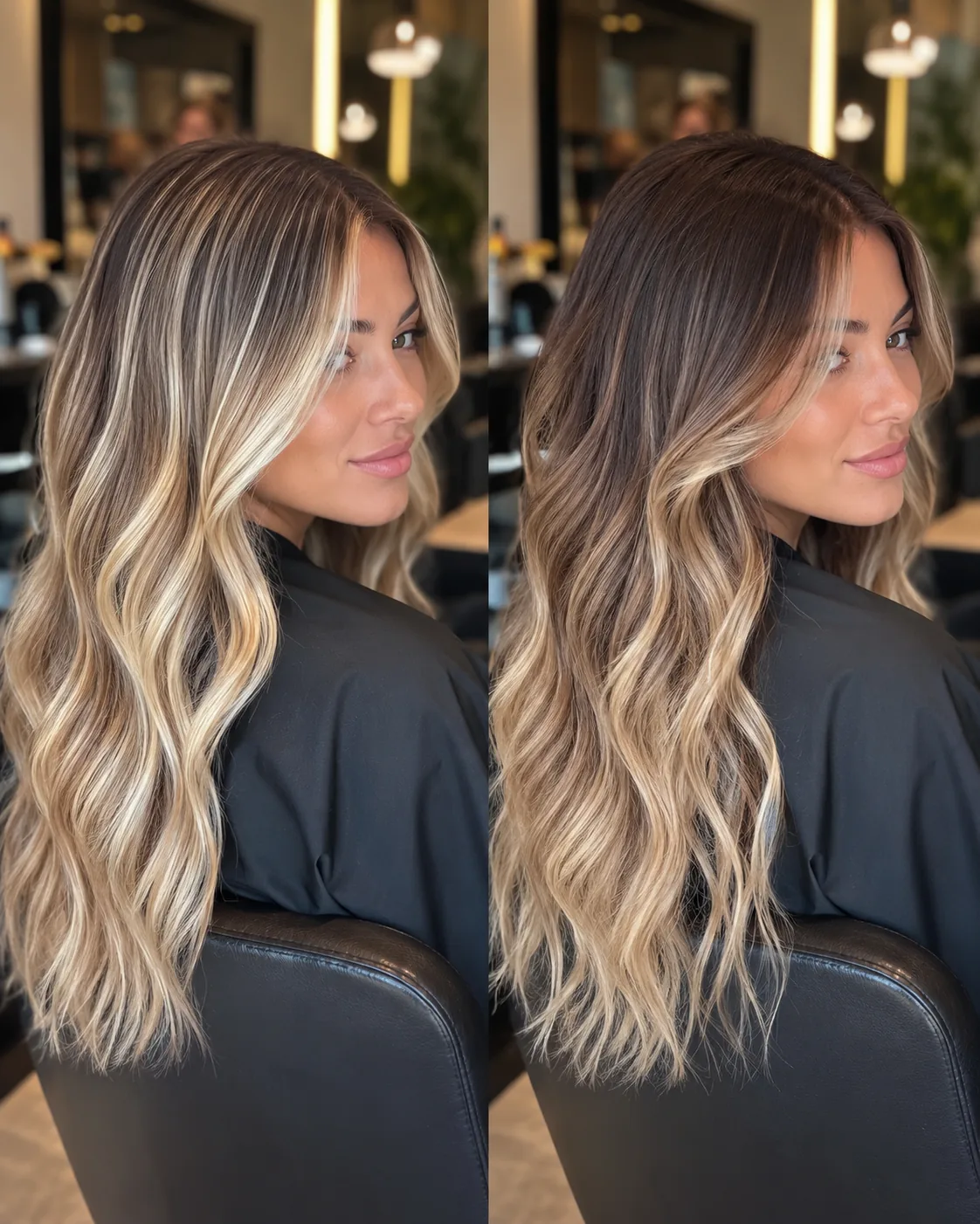 Side-by-side comparison of foil highlights vs balayage hair color at Monaco Salon Tampa