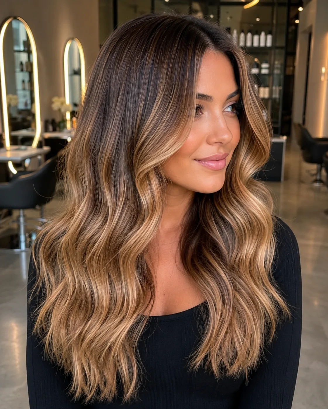 Woman with honey melt balayage hair color — warm brunette to blonde at Monaco Salon Tampa