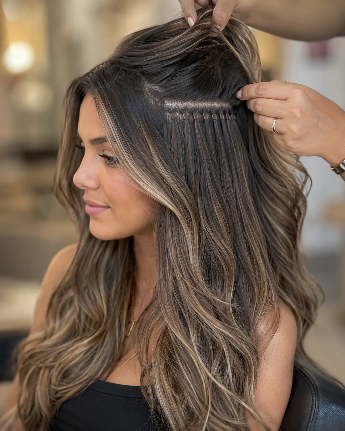 Invisible beaded row extension installation at Monaco Salon Tampa — stylist placing hand-tied wefts on brunette balayage hair