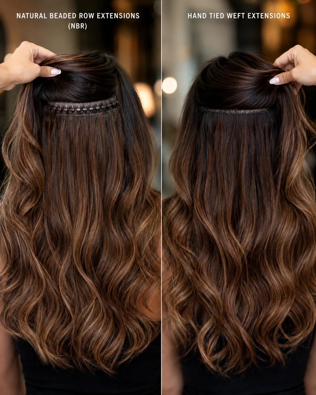 Natural Beaded Row (NBR) vs Hand-Tied Weft Extensions side-by-side comparison at Monaco Salon Tampa