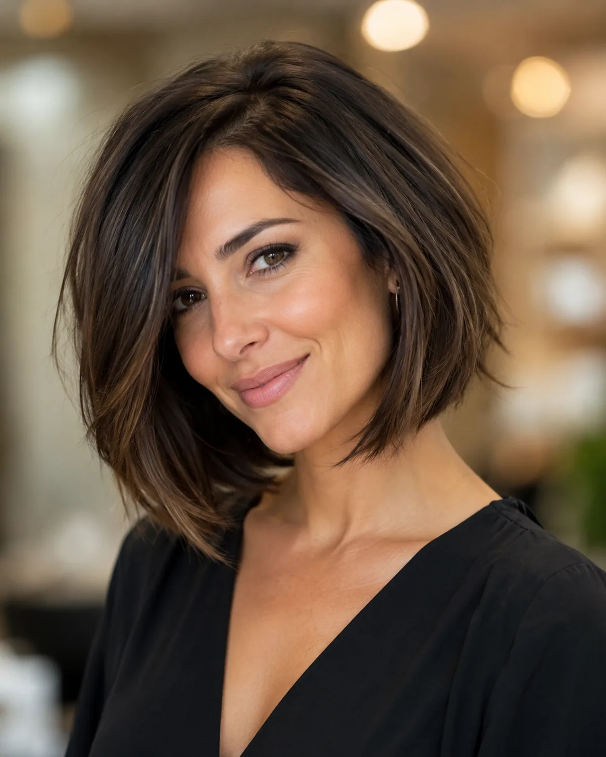 Short sassy bob with hair extensions at Monaco Salon Tampa — voluminous layered brunette bob style