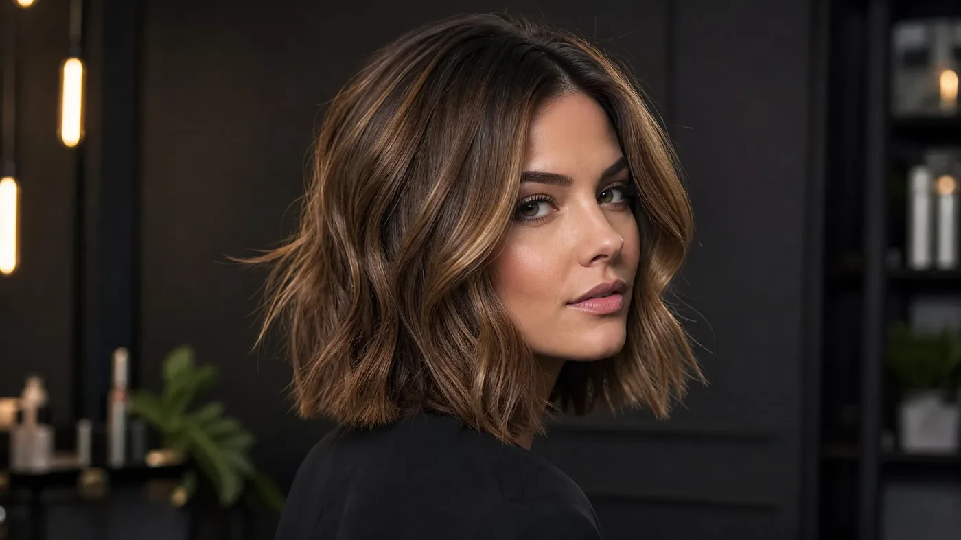 Short and medium length hairstyles at Monaco Salon Tampa — wavy brunette bob with caramel highlights
