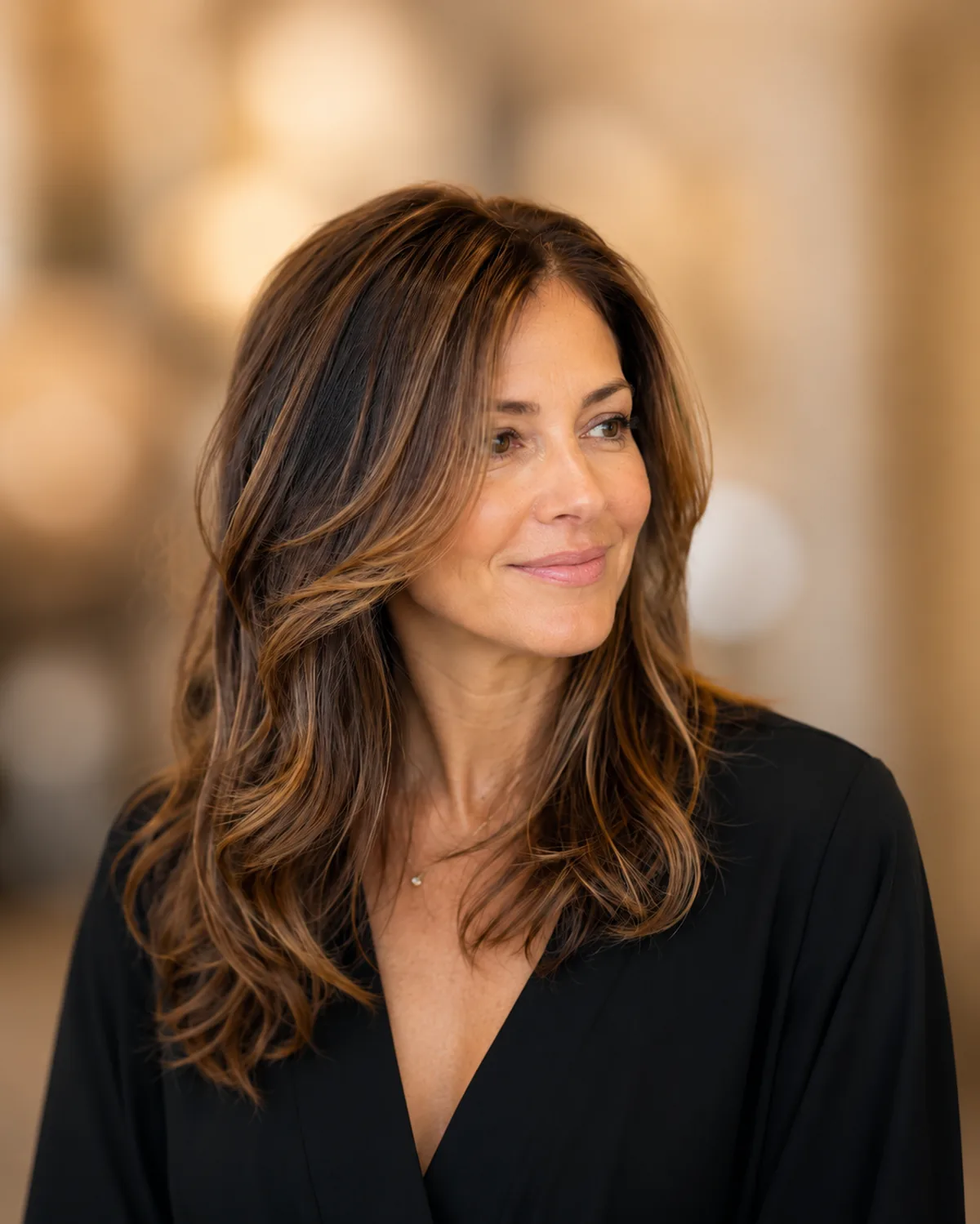 Woman with full voluminous hair after extensions for thinning hair at Monaco Salon Tampa — natural-looking volume and length