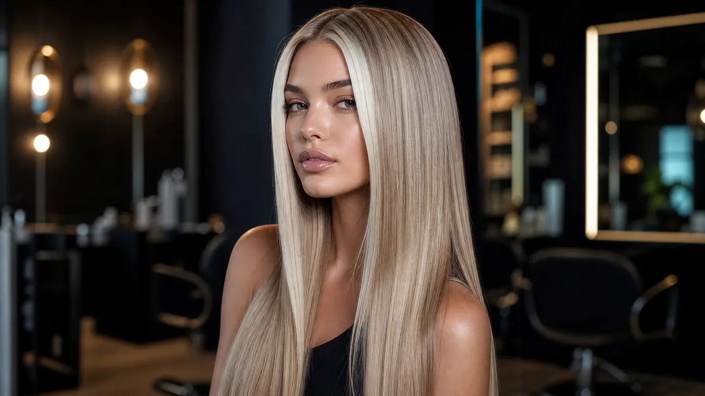 Y2K hair trends at Monaco Salon Tampa — glossy platinum blonde sleek straight style
