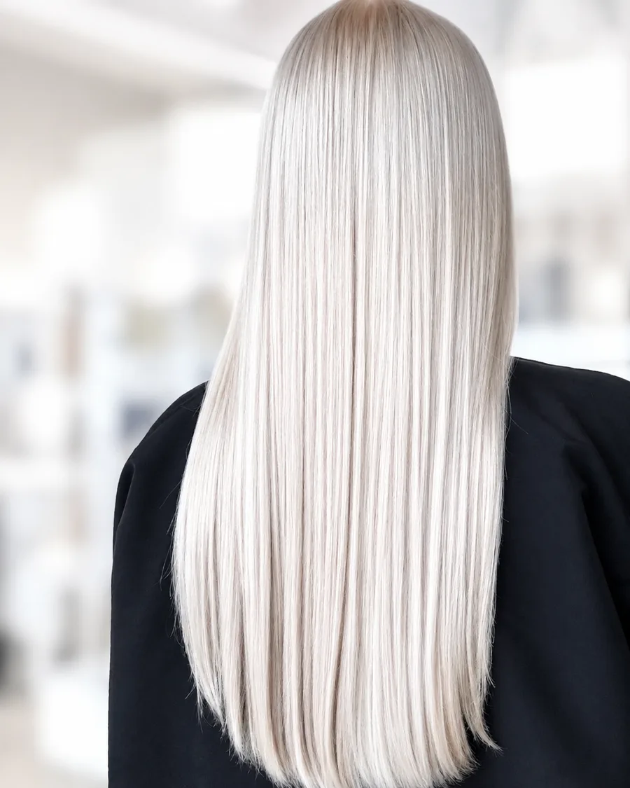 Platinum blonde healthy straight hair result at Monaco Salon Tampa