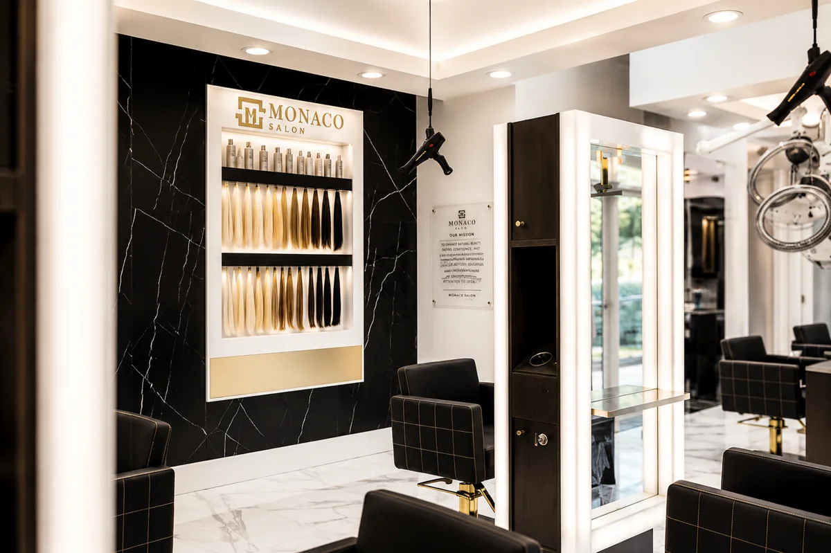 Monaco Salon Bay to Bay interior — Monaco logo on black marble wall with full hair extension color display and gold-accented styling chairs, South Tampa