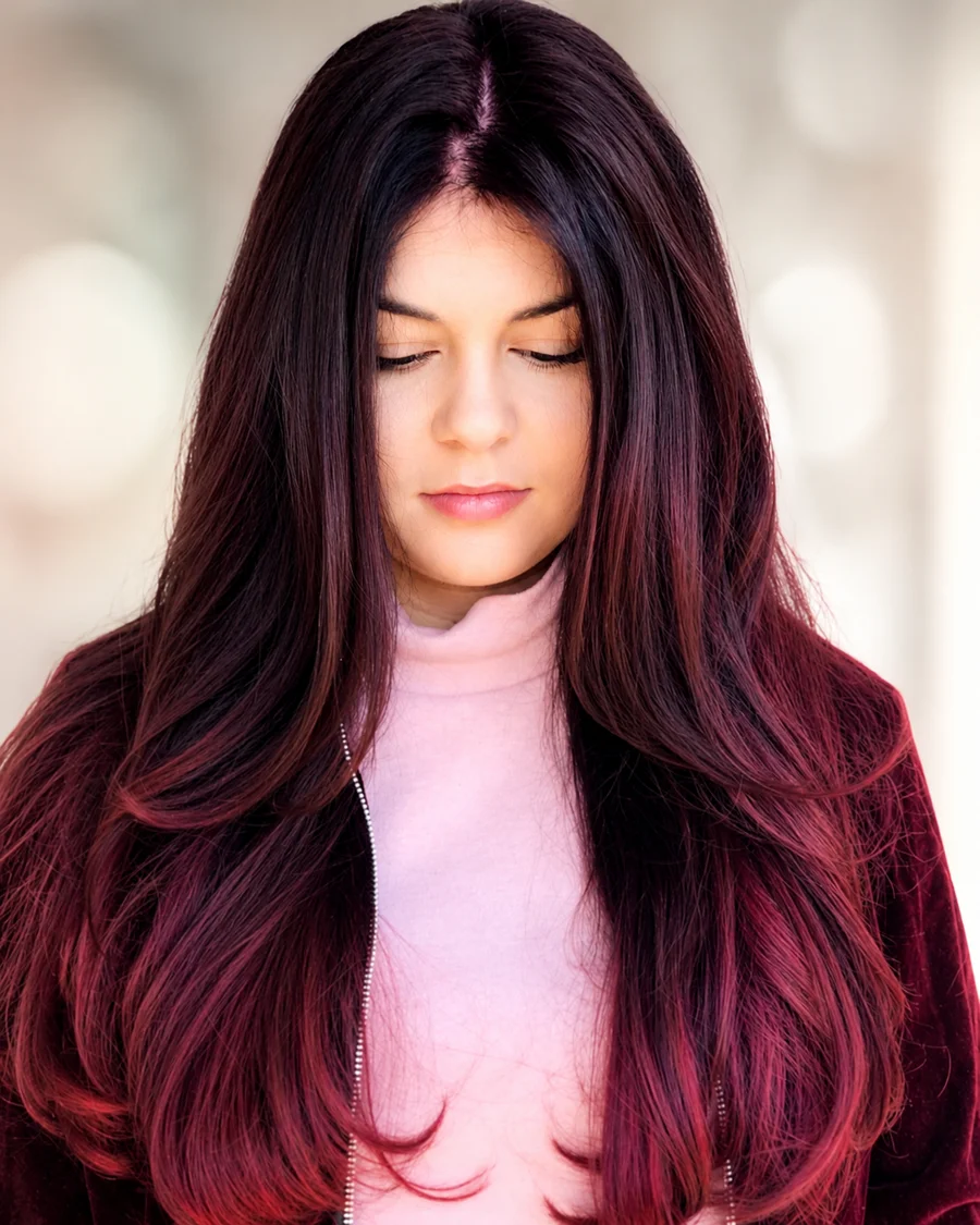 Dark burgundy to rich red ombre color correction result at Monaco Salon Tampa