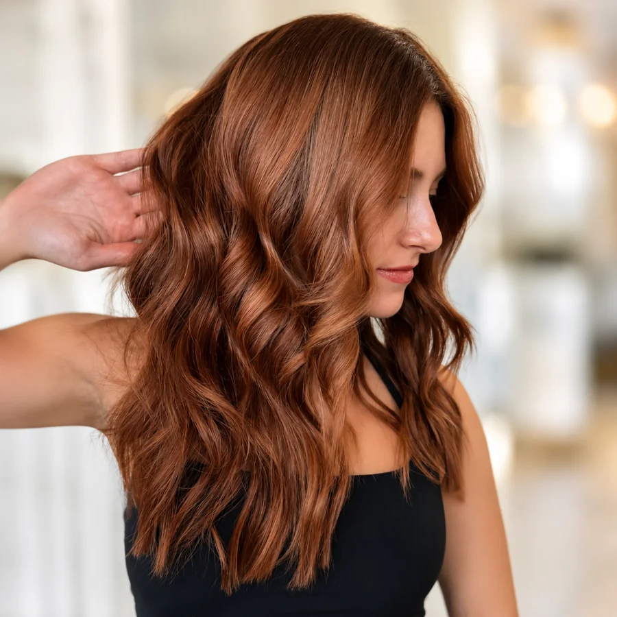 Warm copper auburn hair color result at Monaco Salon Tampa