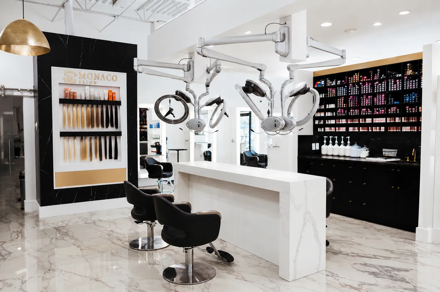 Monaco Salon Dale Mabry color bar — professional color library and processing stations, South Tampa
