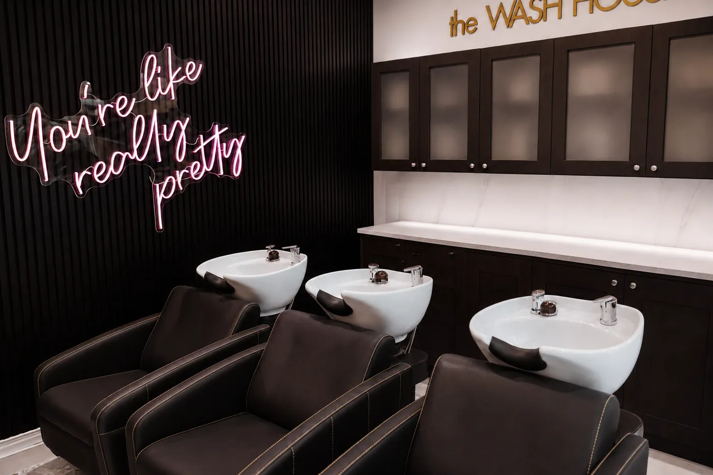 Monaco Salon Dale Mabry Wash House — You're like really pretty neon sign, shampoo bowls, South Tampa