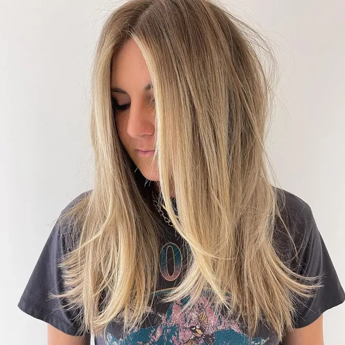 Long layers with blonde balayage