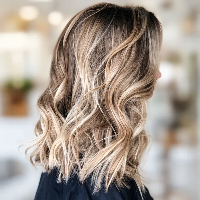 Wavy lob with blonde highlights