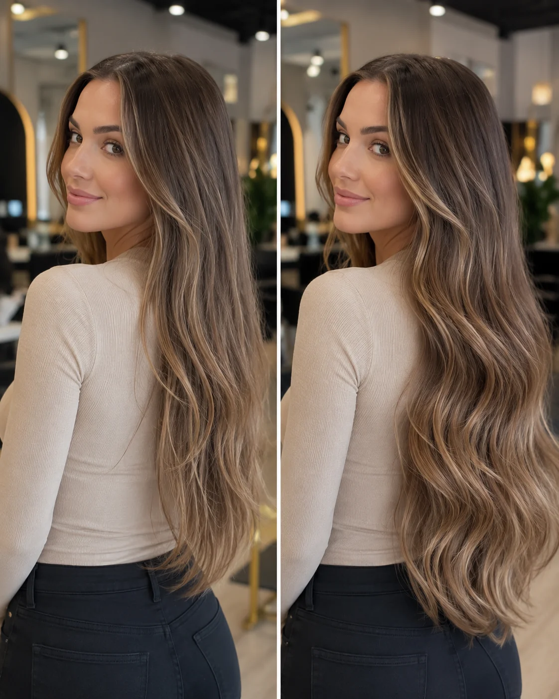 Keratin bond vs hand-tied weft hair extensions result at Monaco Salon South Tampa — long wavy brunette hair with balayage highlights