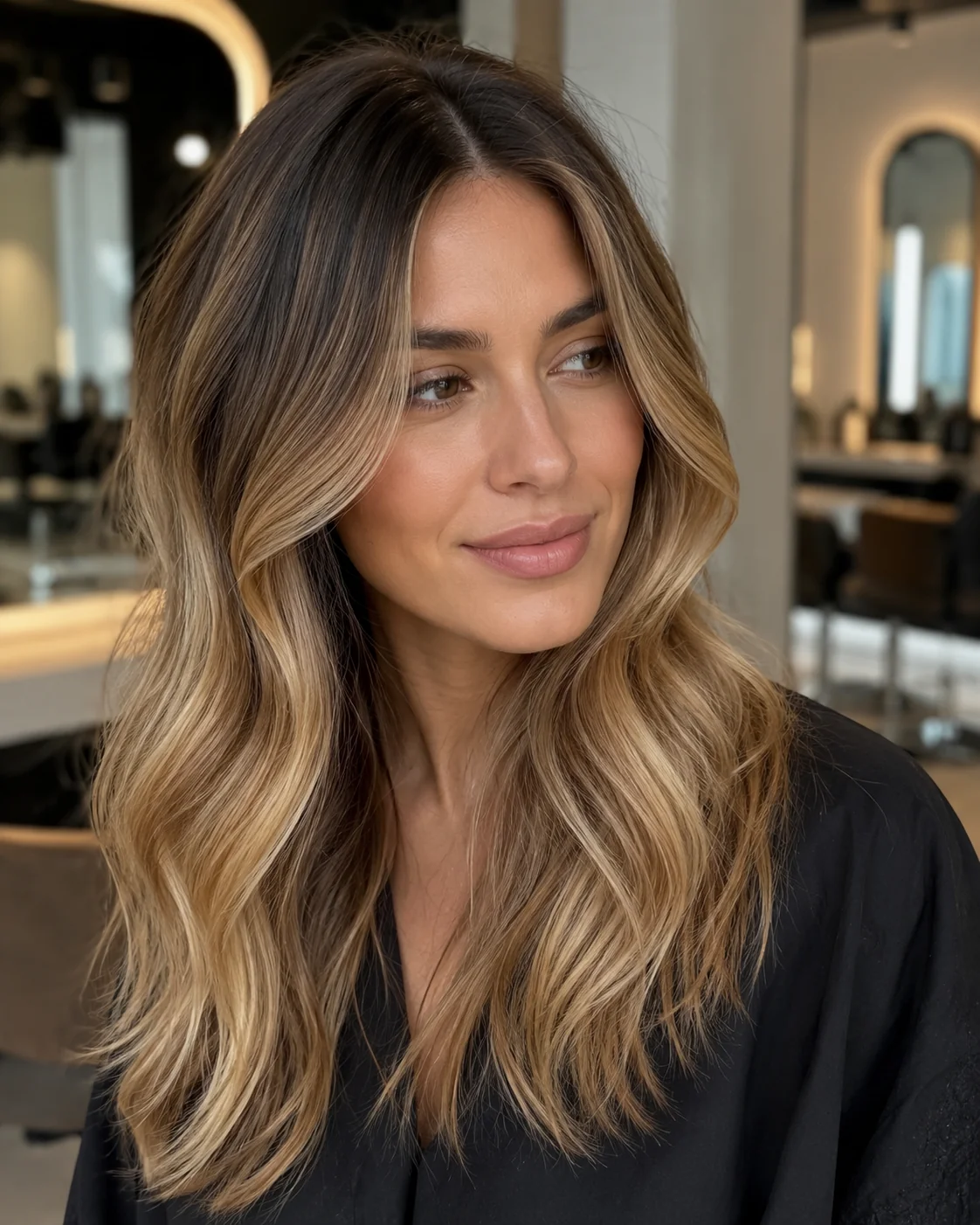 Root melt balayage result at Monaco Salon Tampa — brunette with seamless dark root melt into golden blonde balayage highlights