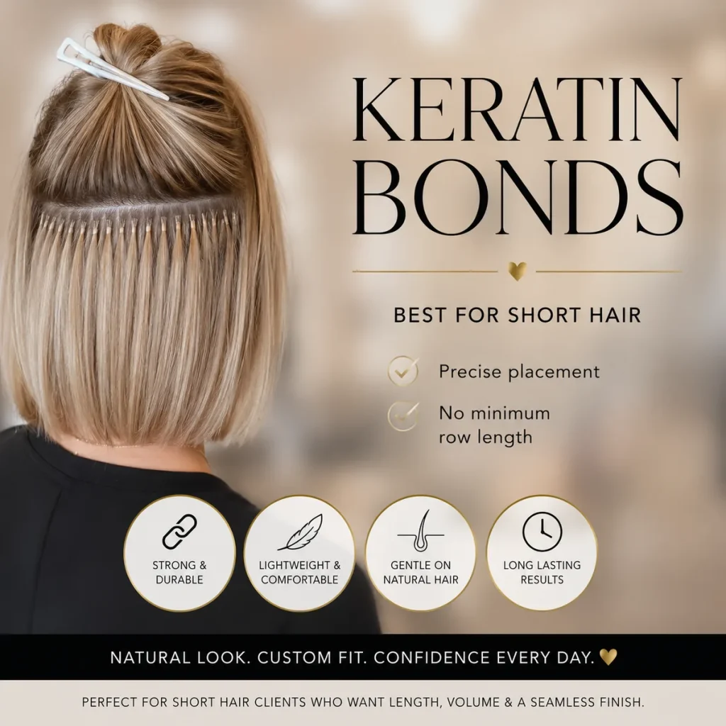 Keratin Bond extensions for short hair at Monaco Salon South Tampa &mdash; precise strand placement on bob-length hair, no minimum row length required