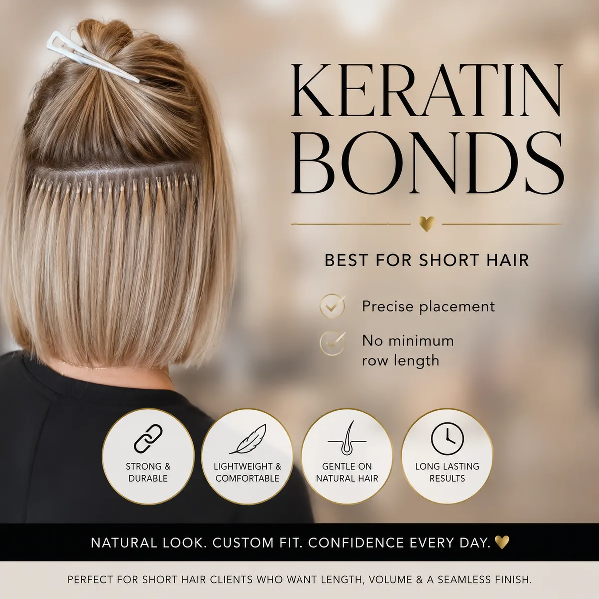 Keratin Bond extensions for short hair at Monaco Salon South Tampa &mdash; precise strand placement on bob-length hair, no minimum row length required