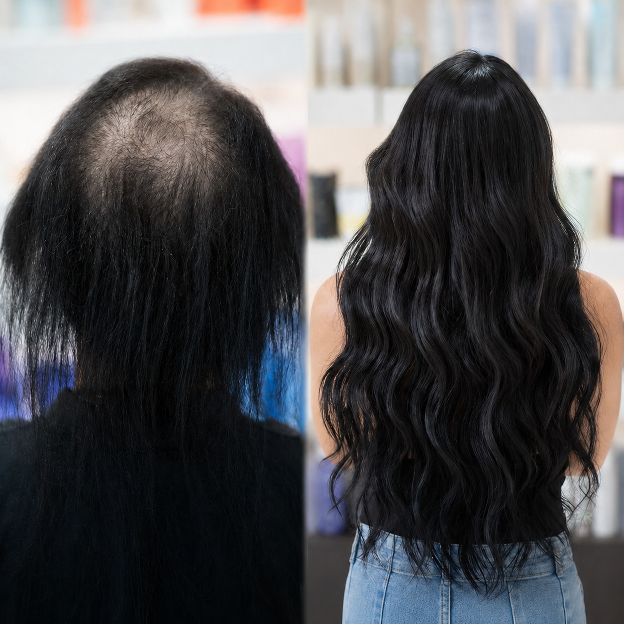 Hair topper before and after — severe alopecia to full black wavy hair, custom fitted human hair topper at Monaco Salon South Tampa, Florida