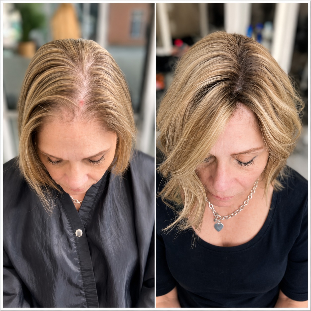Hair topper before and after &mdash; blonde thinning crown coverage at Monaco Salon South Tampa. Human hair topper fitted by Krista Abad, Tampa Bay hair loss specialist.