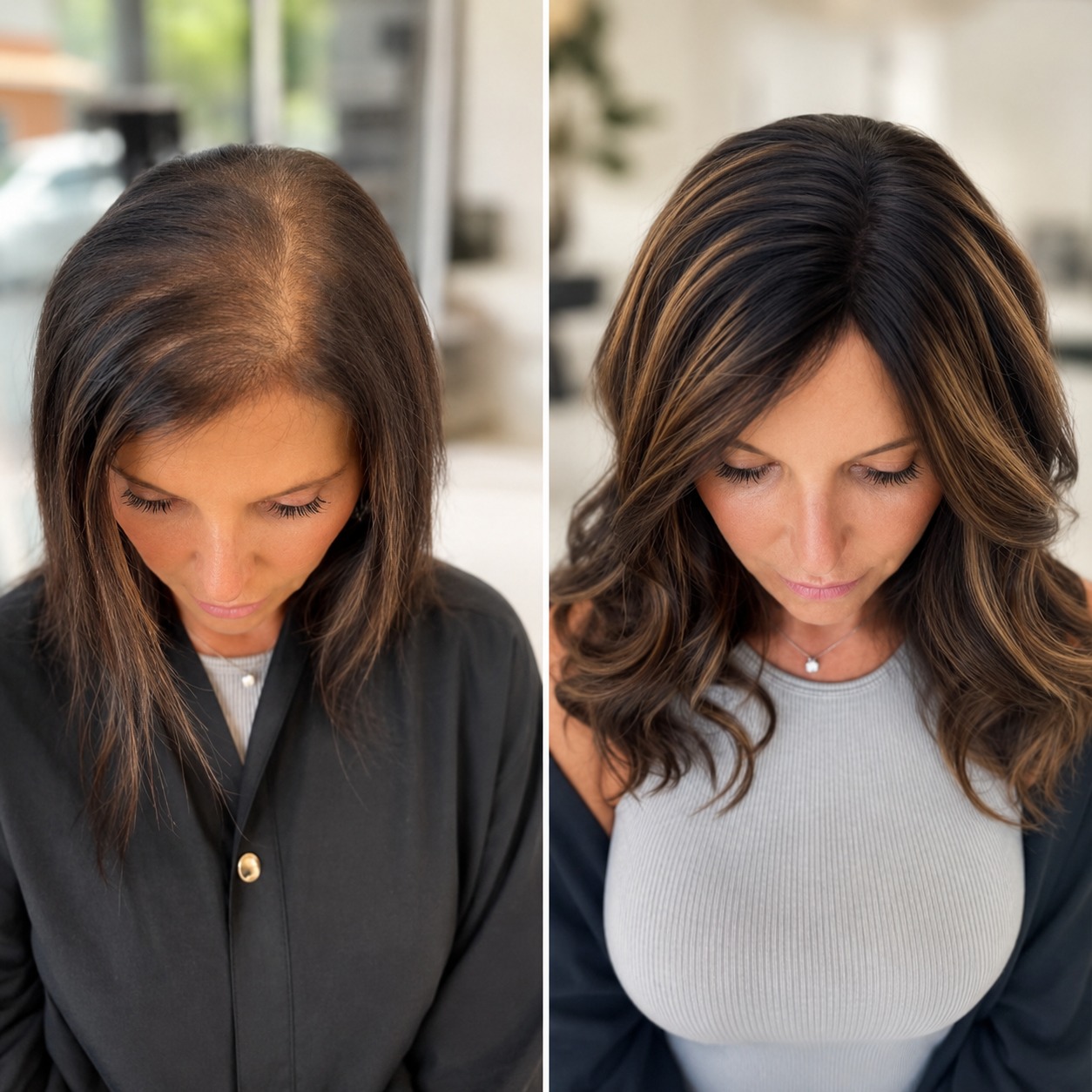 Hair topper before and after — brunette balayage blend, human hair topper custom colored at Monaco Salon South Tampa, FL