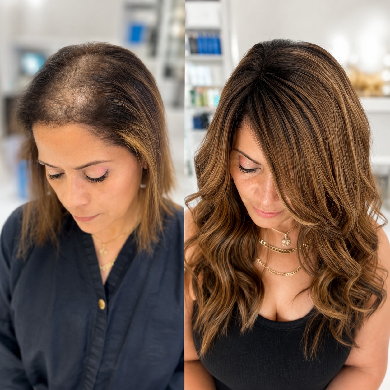 Hair topper before and after — brunette with highlights, custom color-matched human hair topper at Monaco Salon South Tampa, Florida