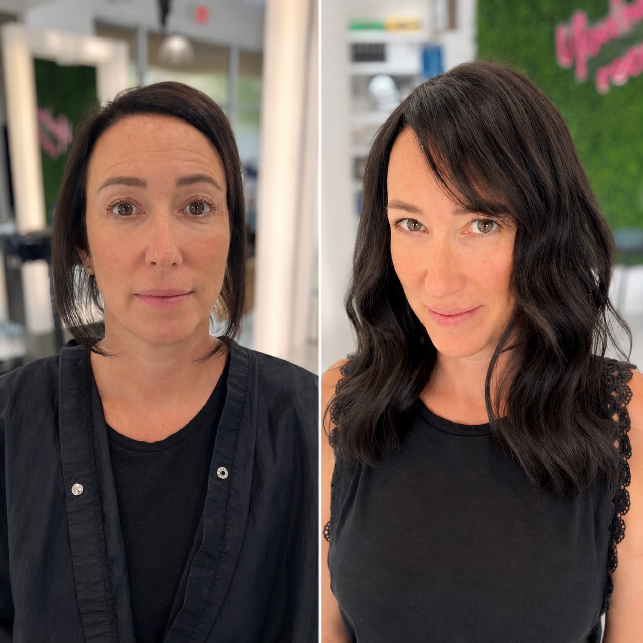 Hair topper before and after — dark brunette volume restoration for thinning hair at Monaco Salon South Tampa, Tampa Bay hair loss salon