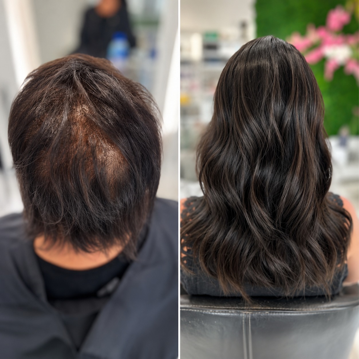 Hair topper before and after — alopecia coverage with dark wavy human hair topper, Monaco Salon South Tampa alopecia hair loss specialist