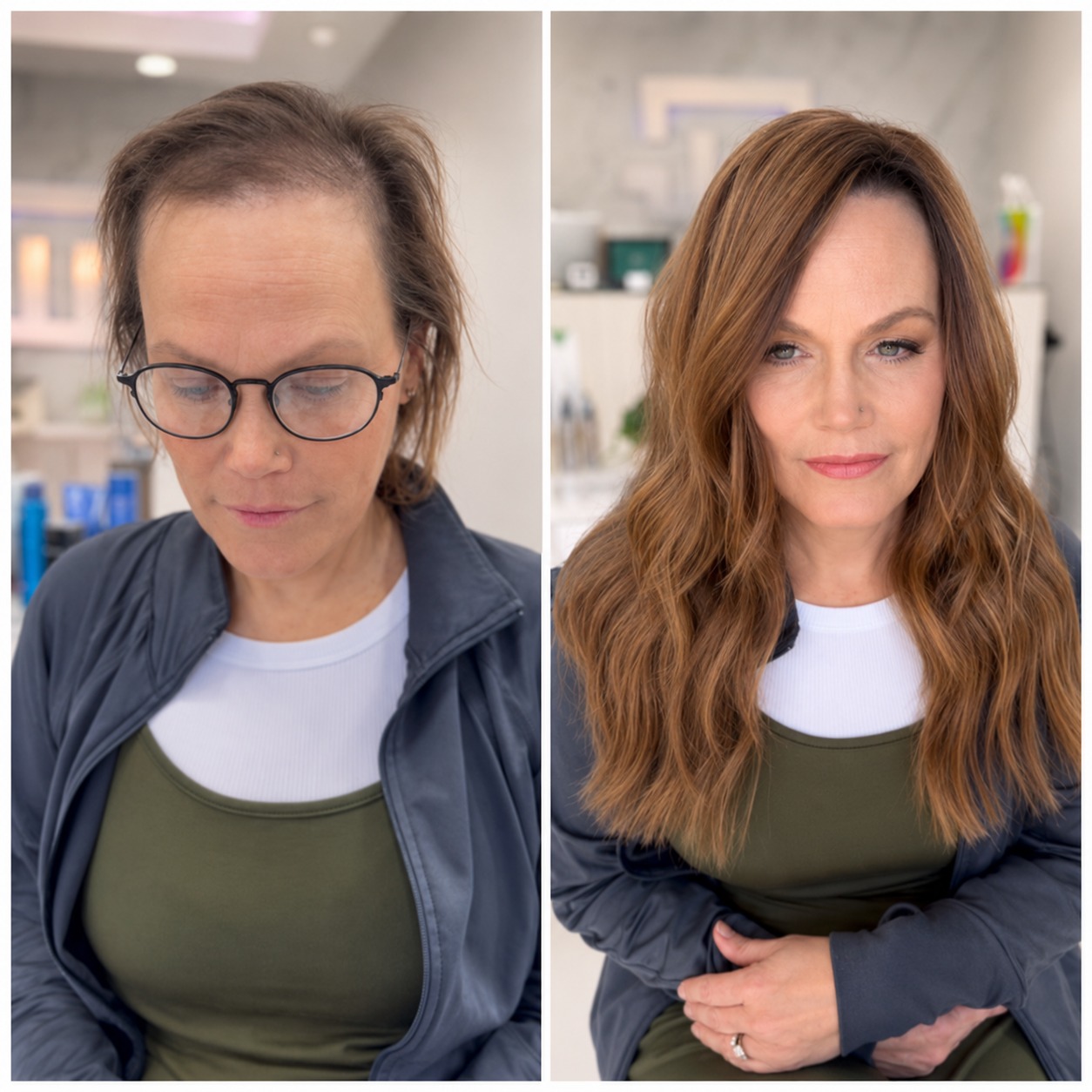 Hair topper before and after — thinning hair to full auburn volume, custom colored by Krista Abad at Monaco Salon South Tampa, Florida