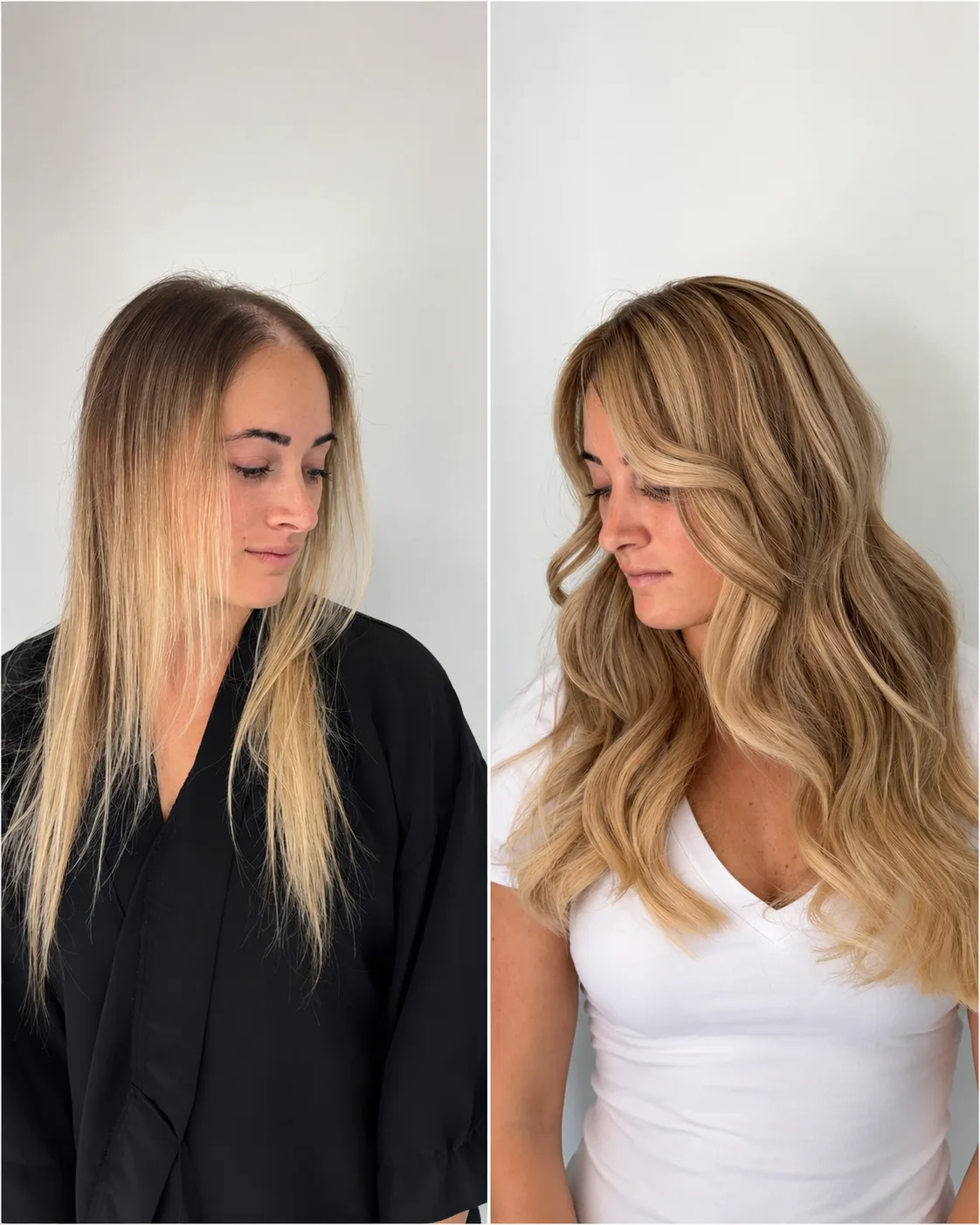 Hair topper before and after &mdash; thinning hair to full voluminous blonde result at Monaco Salon South Tampa