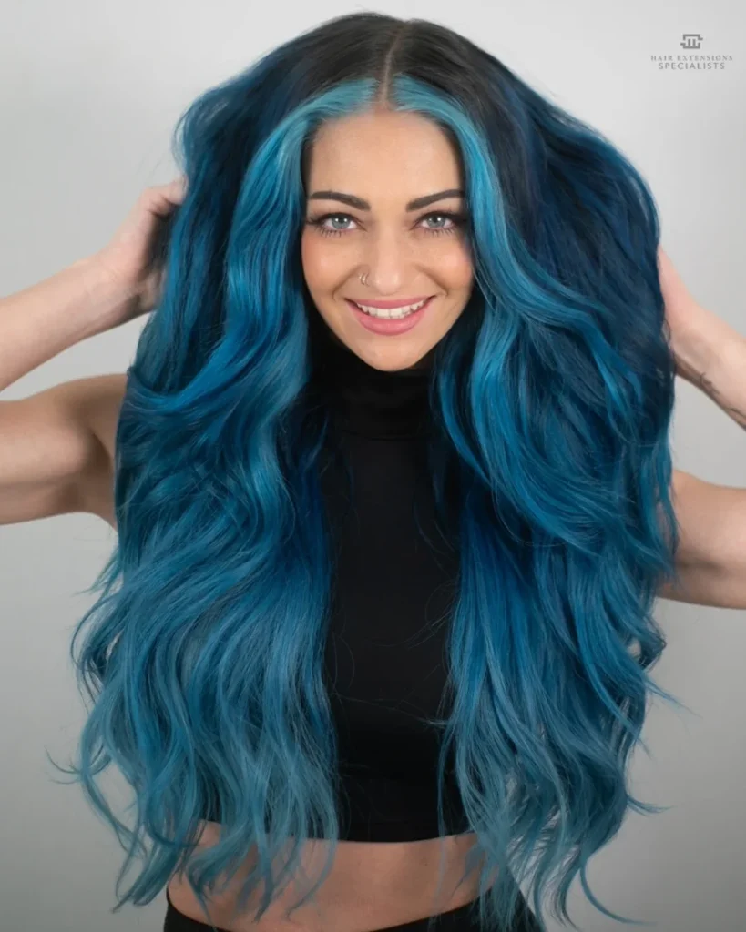 Deep teal blue vivid hair color result at Monaco Salon Tampa